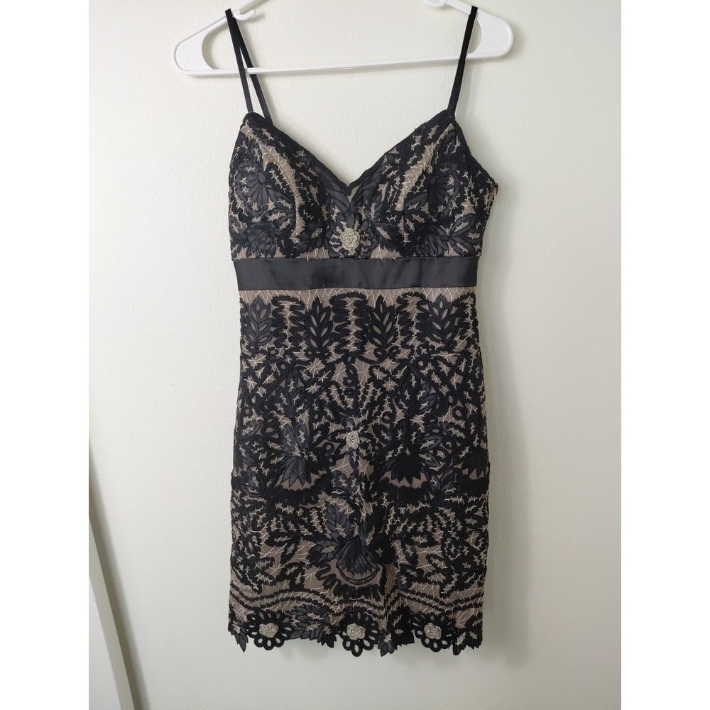 Sue Wong Nocturne Black Nude Cocktail Dress Sz 4 Soutache Embroidered Lace Party - Picture 1 of 9